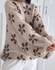 Pullover, Blumen, Ballonärmel, Beige-Taupe