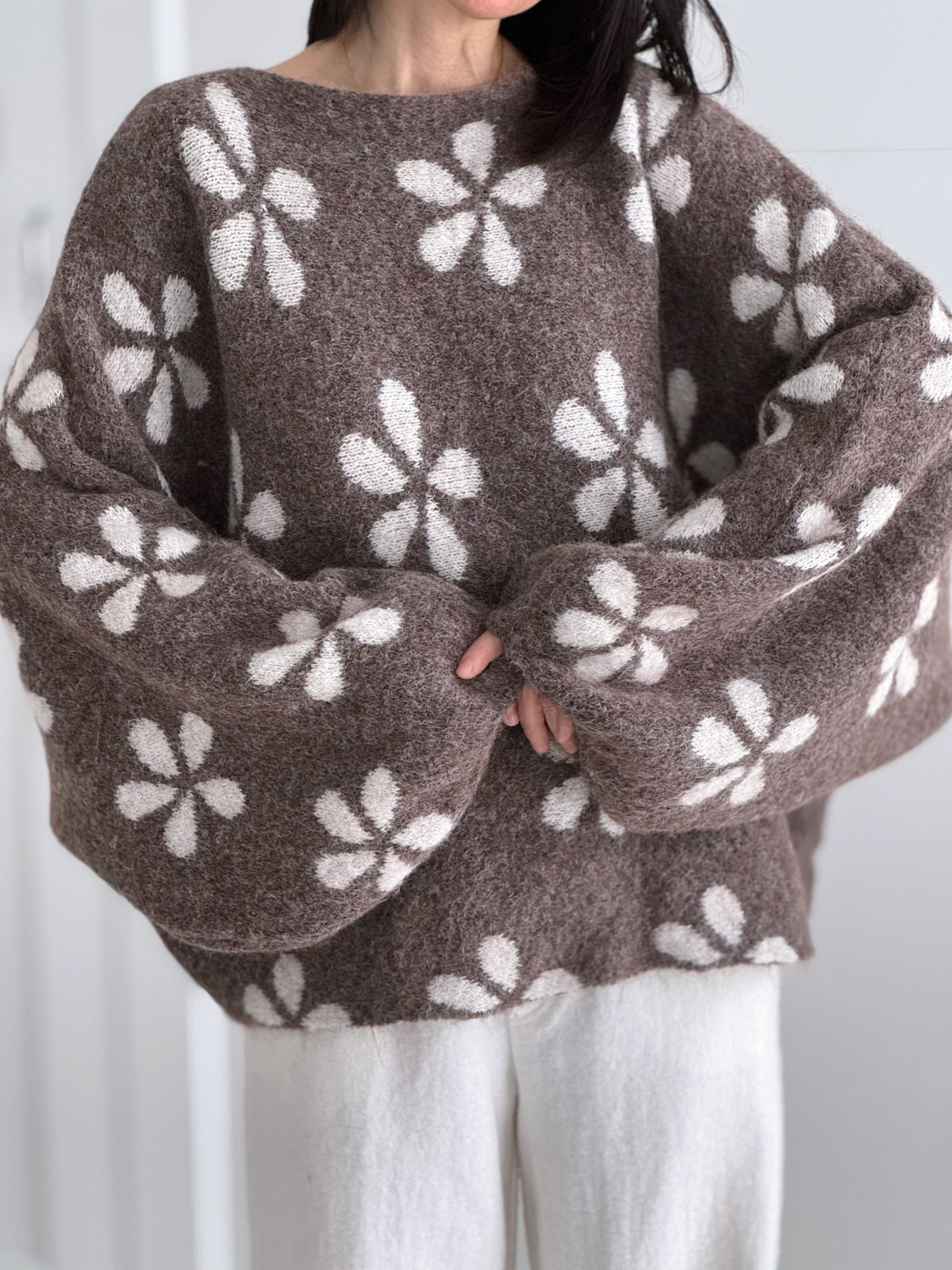 Pullover, Blumen, Ballonärmel, Taupe-Creme