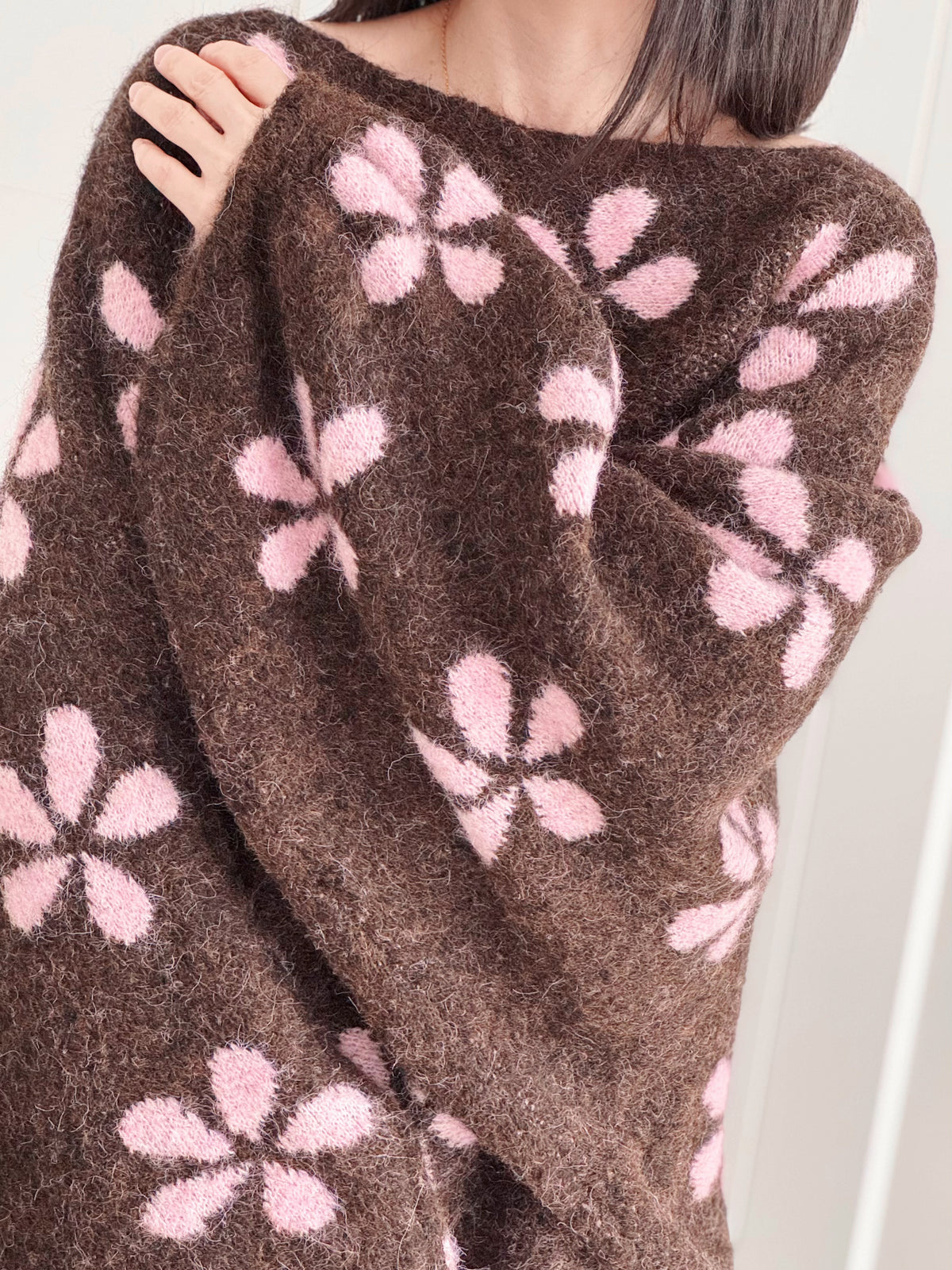 Pullover, Blumen, Ballonärmel, Schoko-Rosa