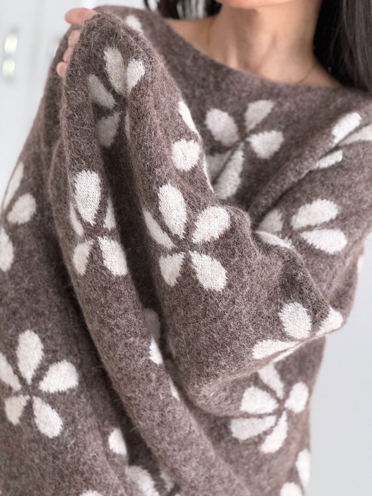 Pullover, Blumen, Ballonärmel, Taupe-Creme