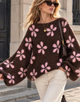 Pullover, Blumen, Ballonärmel, Schoko-Rosa