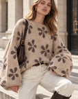 Pullover, Blumen, Ballonärmel, Beige-Taupe