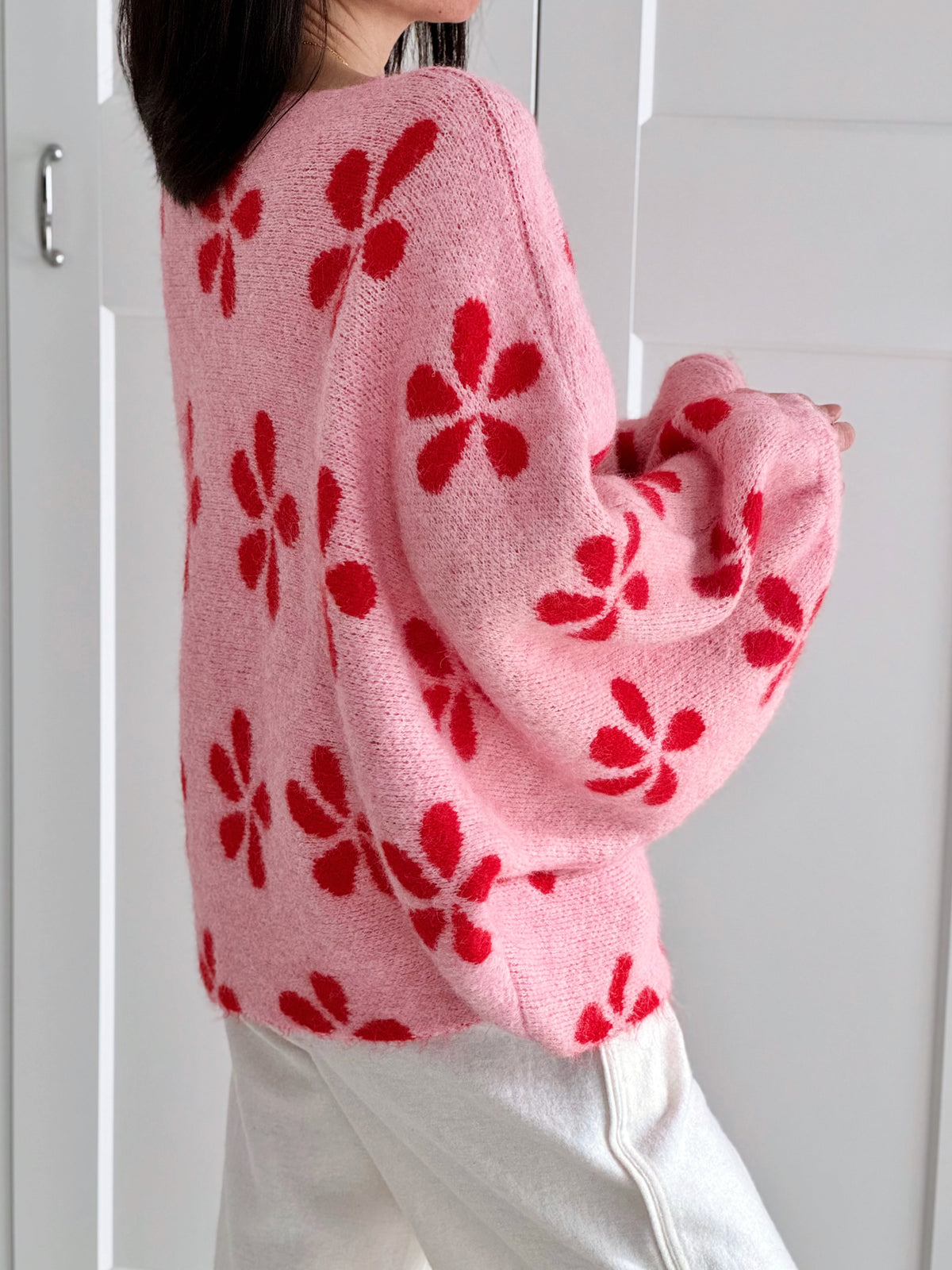 Pullover, Blumen, Ballonärmel, Rosa-Rot