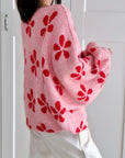 Pullover, Blumen, Ballonärmel, Rosa-Rot