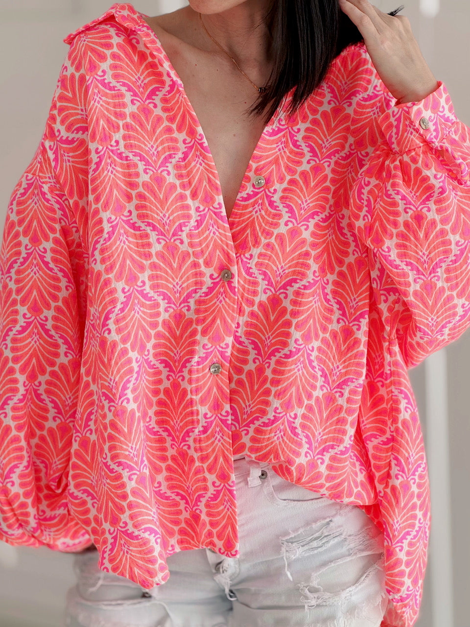 Musselin Bluse, Palmenblätter, Weiß, 2 Farben