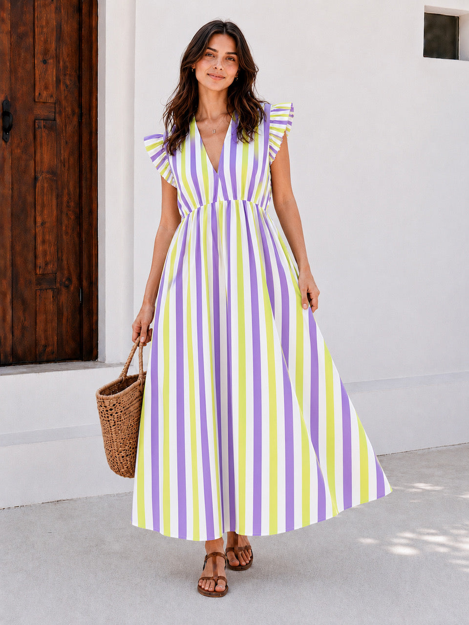 Musselin Kleid, rückenfrei, ärmellos, Streifen, Lavendel-Lemon