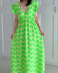 Musselin Kleid, rückenfrei, ärmellos, Palmenblätter, Neon-Grün