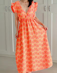 Musselin Kleid, rückenfrei, ärmellos, Palmenblätter, Neon-Orange