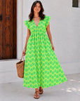 Musselin Kleid, rückenfrei, ärmellos, Palmenblätter, Neon-Grün
