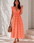 Musselin Kleid, rückenfrei, ärmellos, Palmenblätter, Neon-Orange