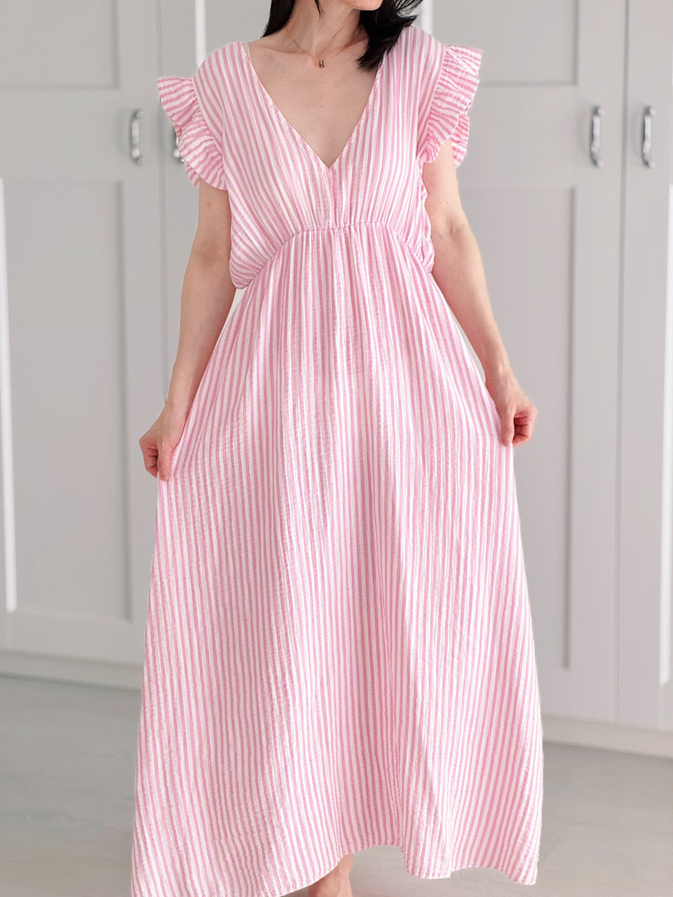 Musselin Kleid, rückenfrei, ärmellos, Streifen, 2 Farben