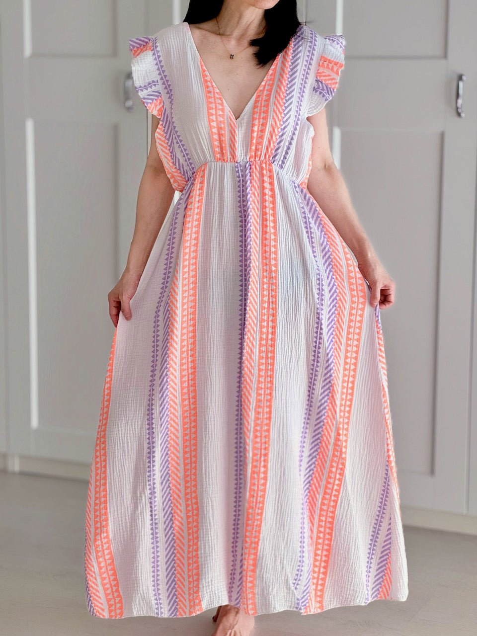 Musselin Kleid, rückenfrei, ärmellos, Zickzack, Lila-Orange