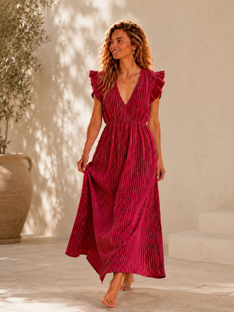 Musselin Kleid, rückenfrei, ärmellos, Streifen, Rot-Fuchsie