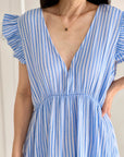 Musselin Kleid, rückenfrei, ärmellos, Streifen, Blau-Hellblau