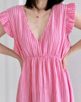Musselin Kleid, rückenfrei, ärmellos, feine Streifen, Rot-Rosa