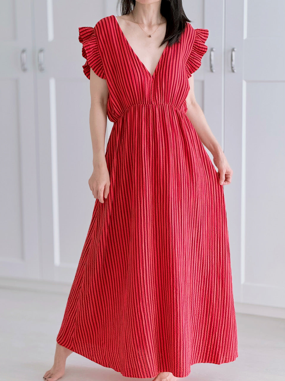 Musselin Kleid, rückenfrei, ärmellos, Streifen, Rot-Fuchsie