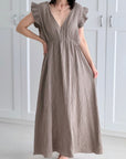 Musselin Kleid, rückenfrei, ärmellos, feine Streifen, Schoko-Taupe
