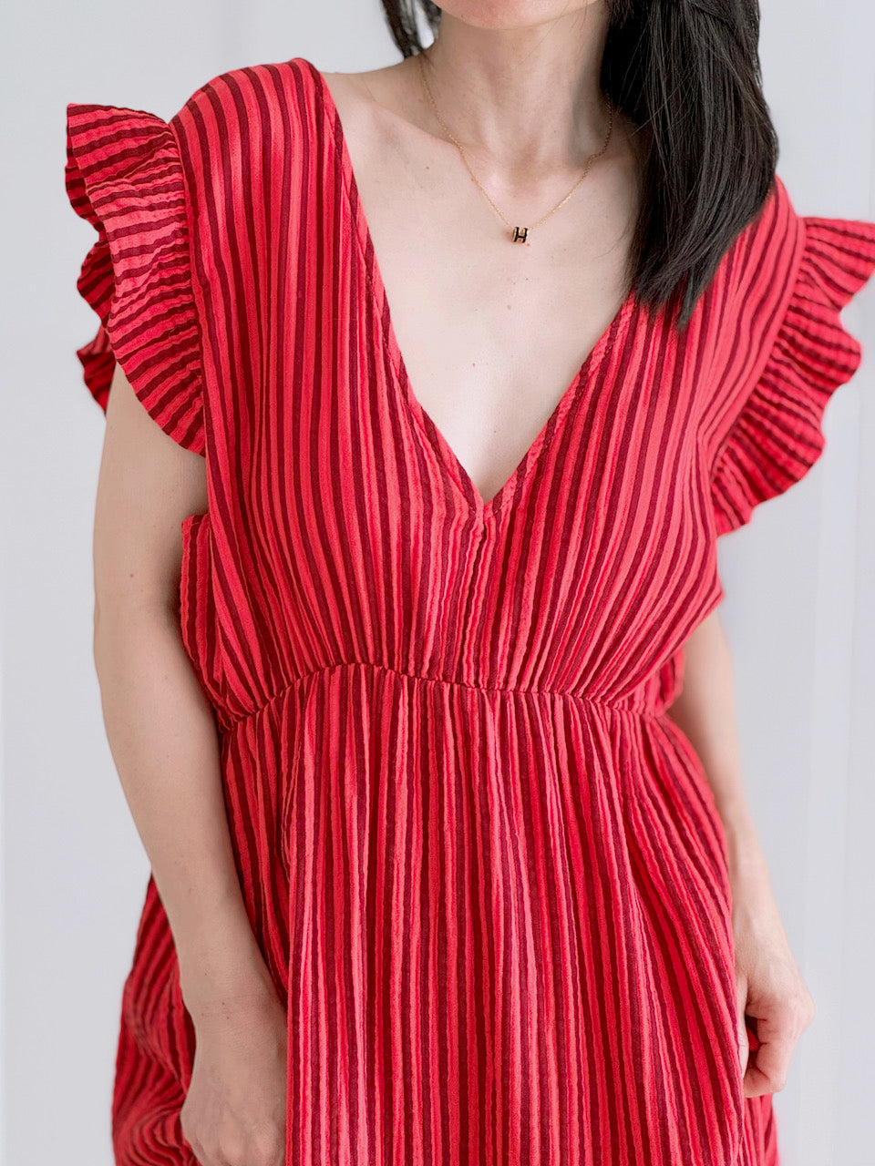 Musselin Kleid, rückenfrei, ärmellos, Streifen, Rot-Fuchsie