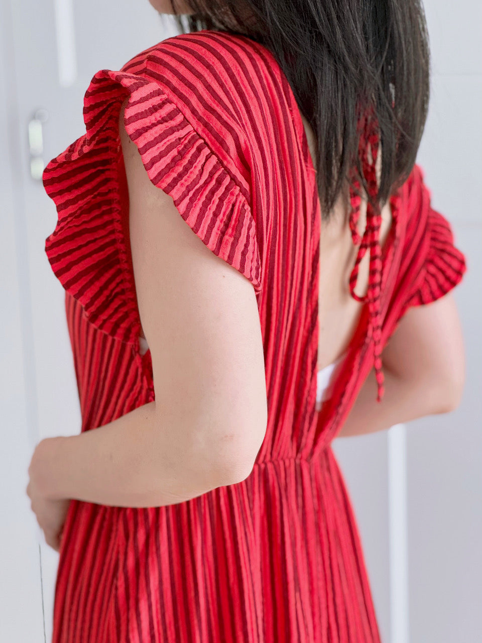 Musselin Kleid, rückenfrei, ärmellos, Streifen, Rot-Fuchsie