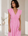 Musselin Kleid, rückenfrei, ärmellos, feine Streifen, Rot-Rosa