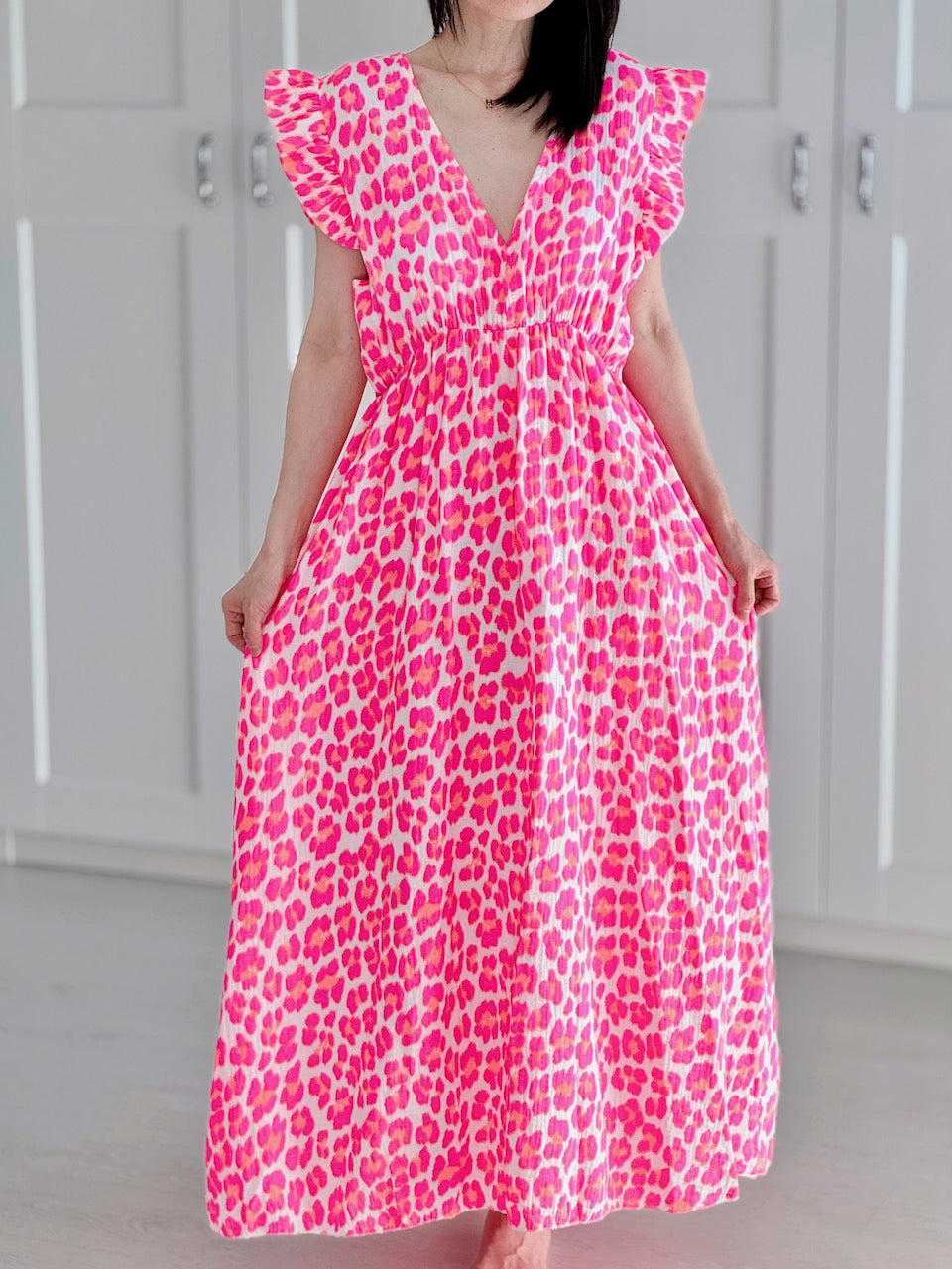 Musselin Kleid, rückenfrei, ärmellos, Rosa-Leo