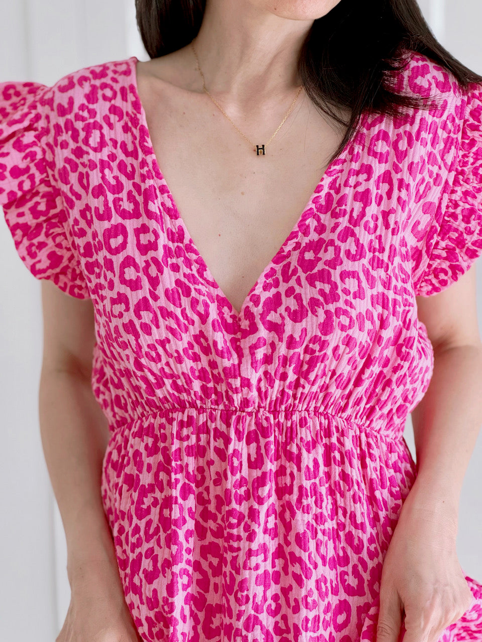 Musselin Kleid, rückenfrei, ärmellos, Hotpink-Leo