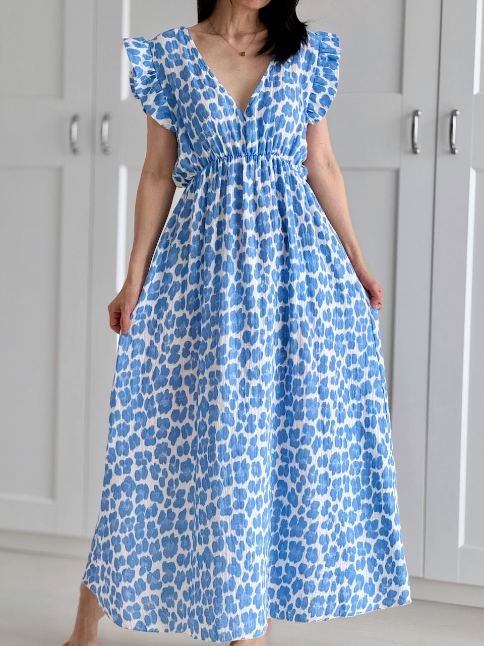 Musselin Kleid, rückenfrei, ärmellos, Wild-Leo, Blau