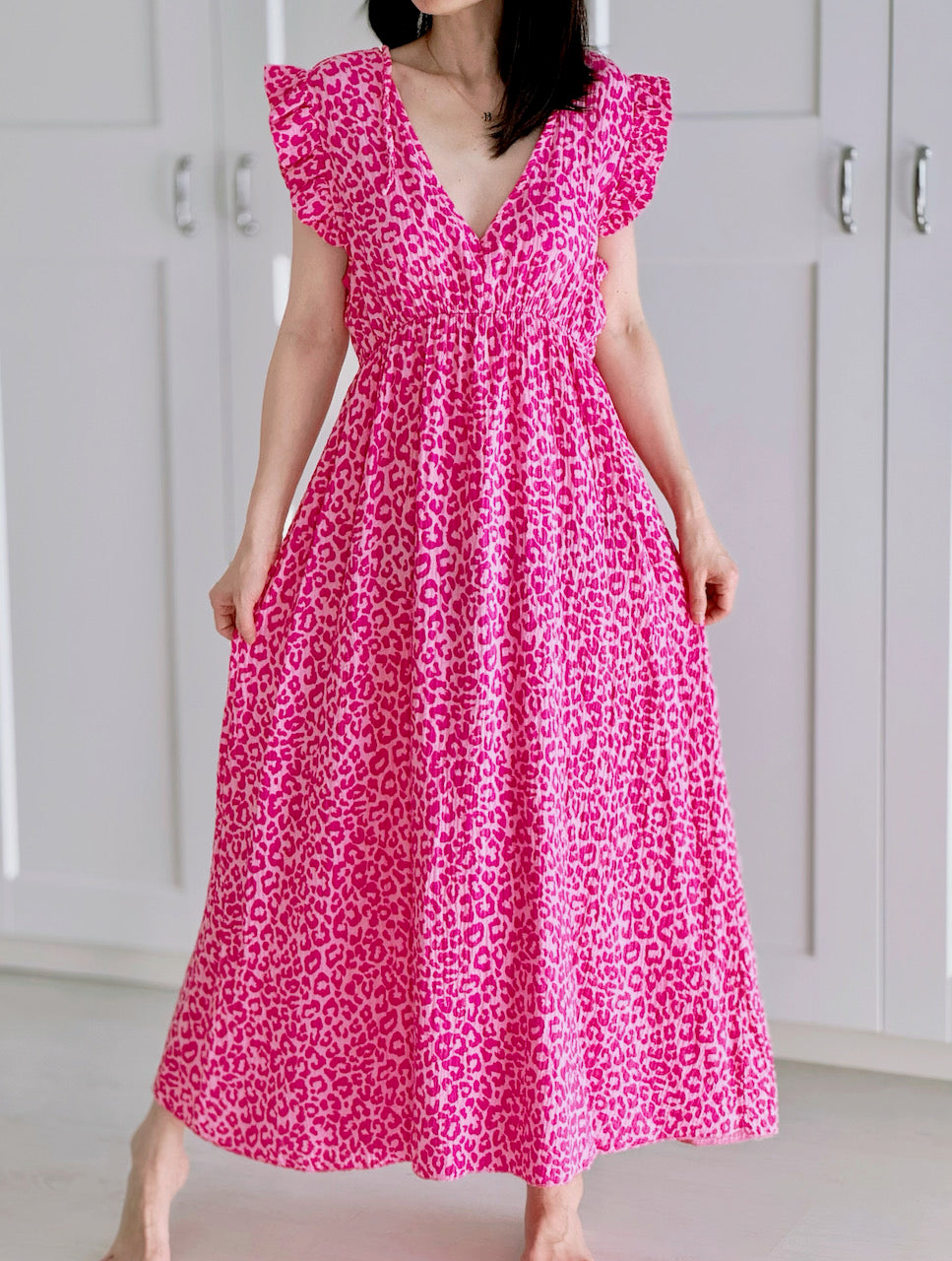 Musselin Kleid, rückenfrei, ärmellos, Hotpink-Leo