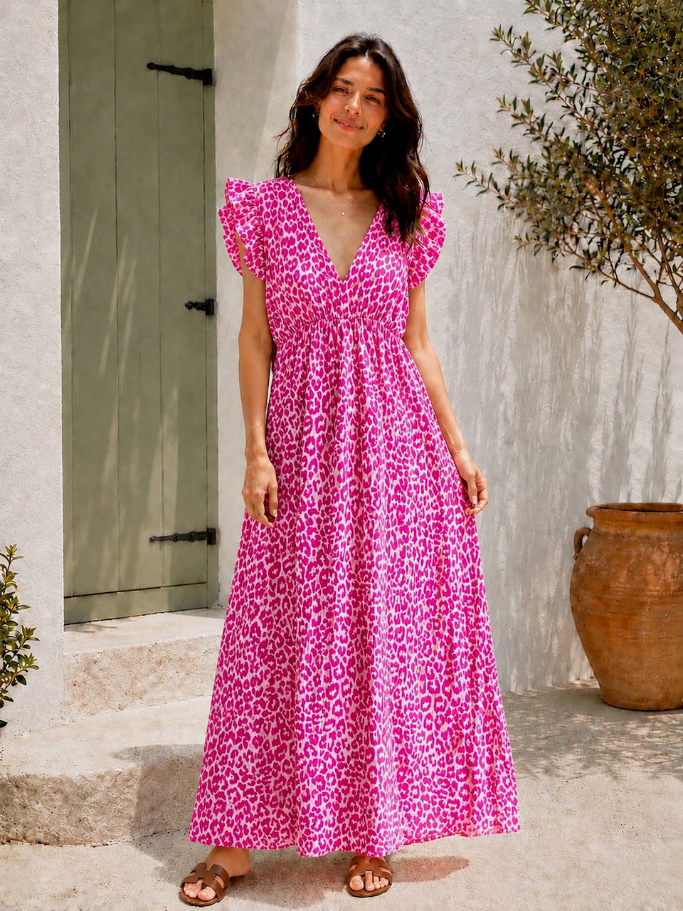 Musselin Kleid, rückenfrei, ärmellos, Hotpink-Leo