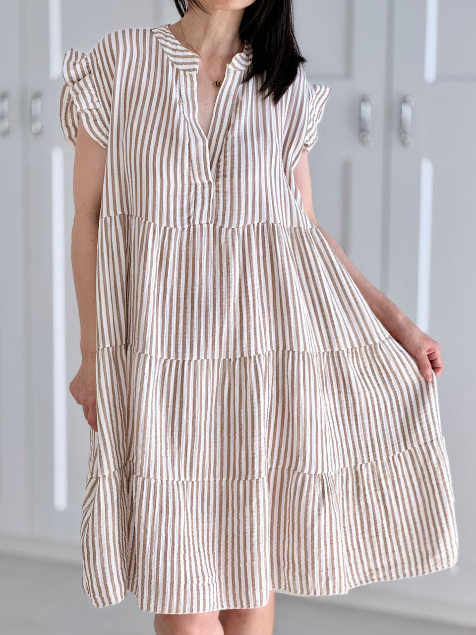 Musselin Tunika, Streifen, Beige