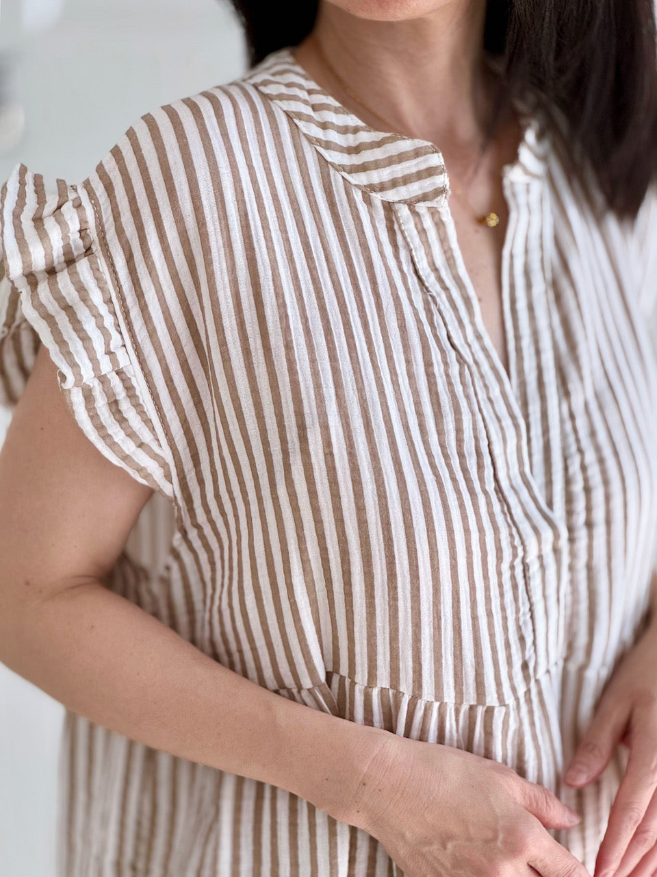 Musselin Tunika, Streifen, Beige