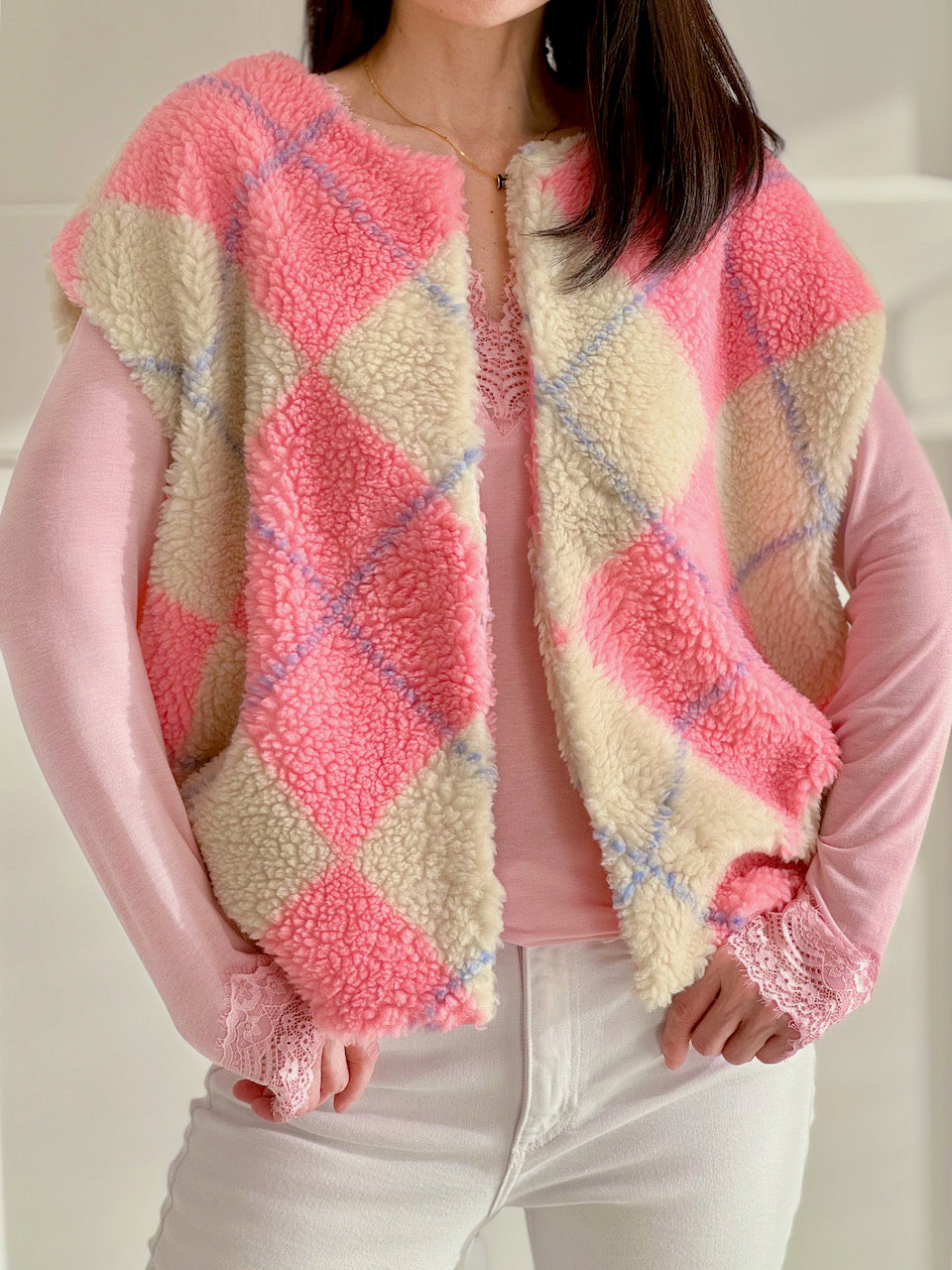 Teddyweste, Groß, Argyle, Rosa-Creme