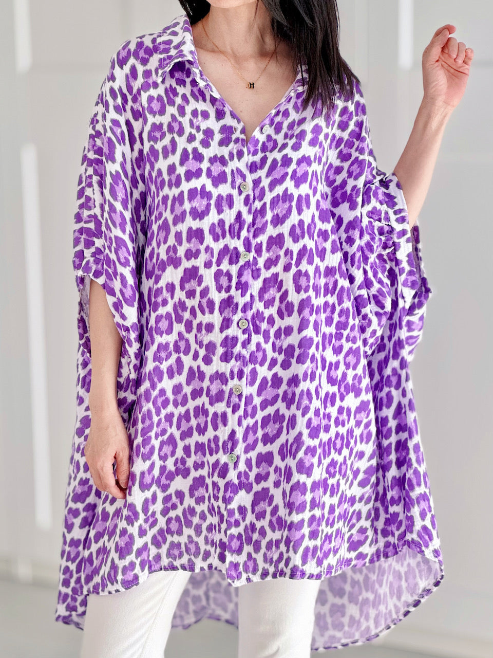 Musselin Bluse, Batwing, Oversize, Lila-Leo