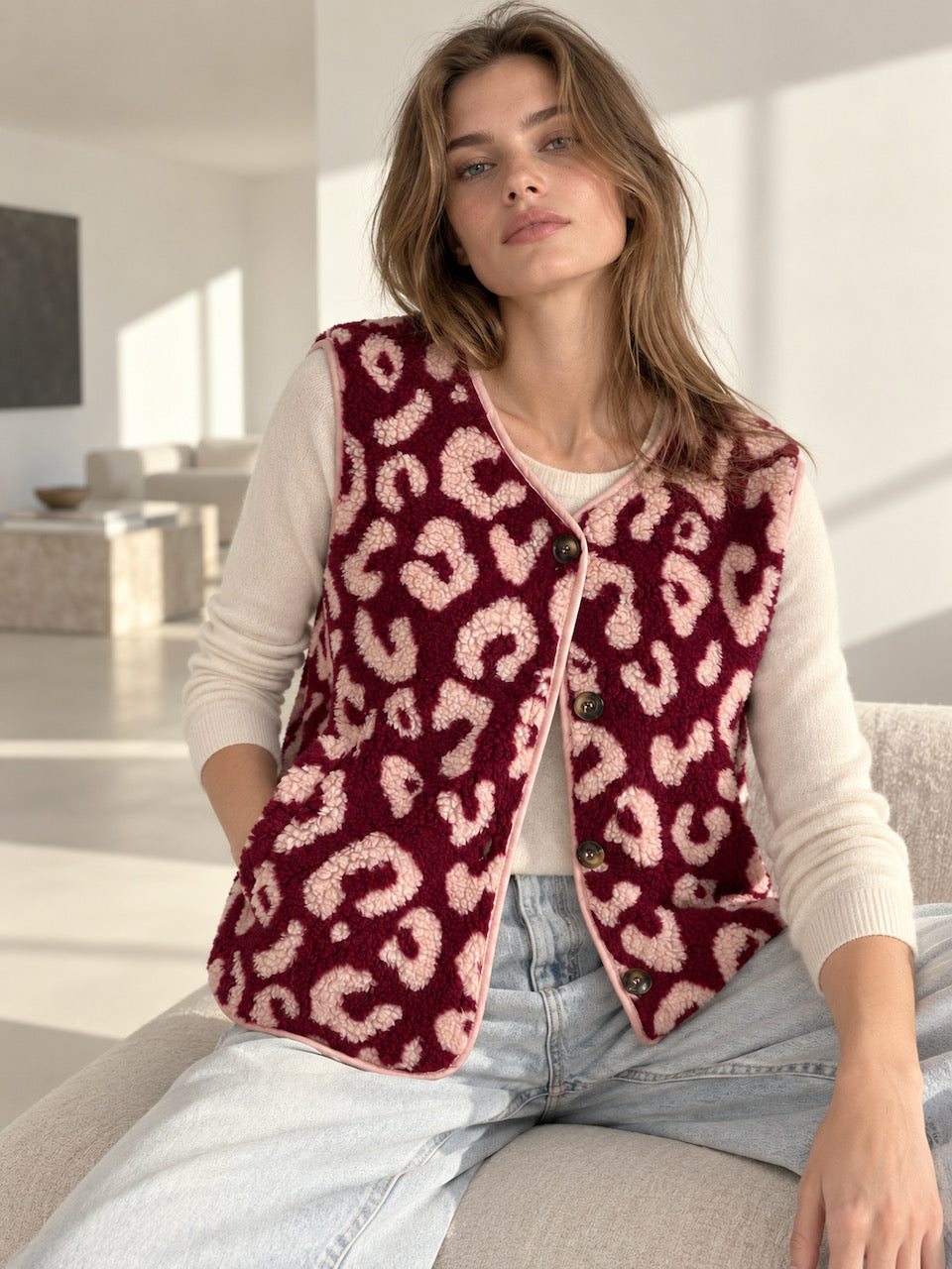 Teddyweste, Leo, Bordeaux-Rosa