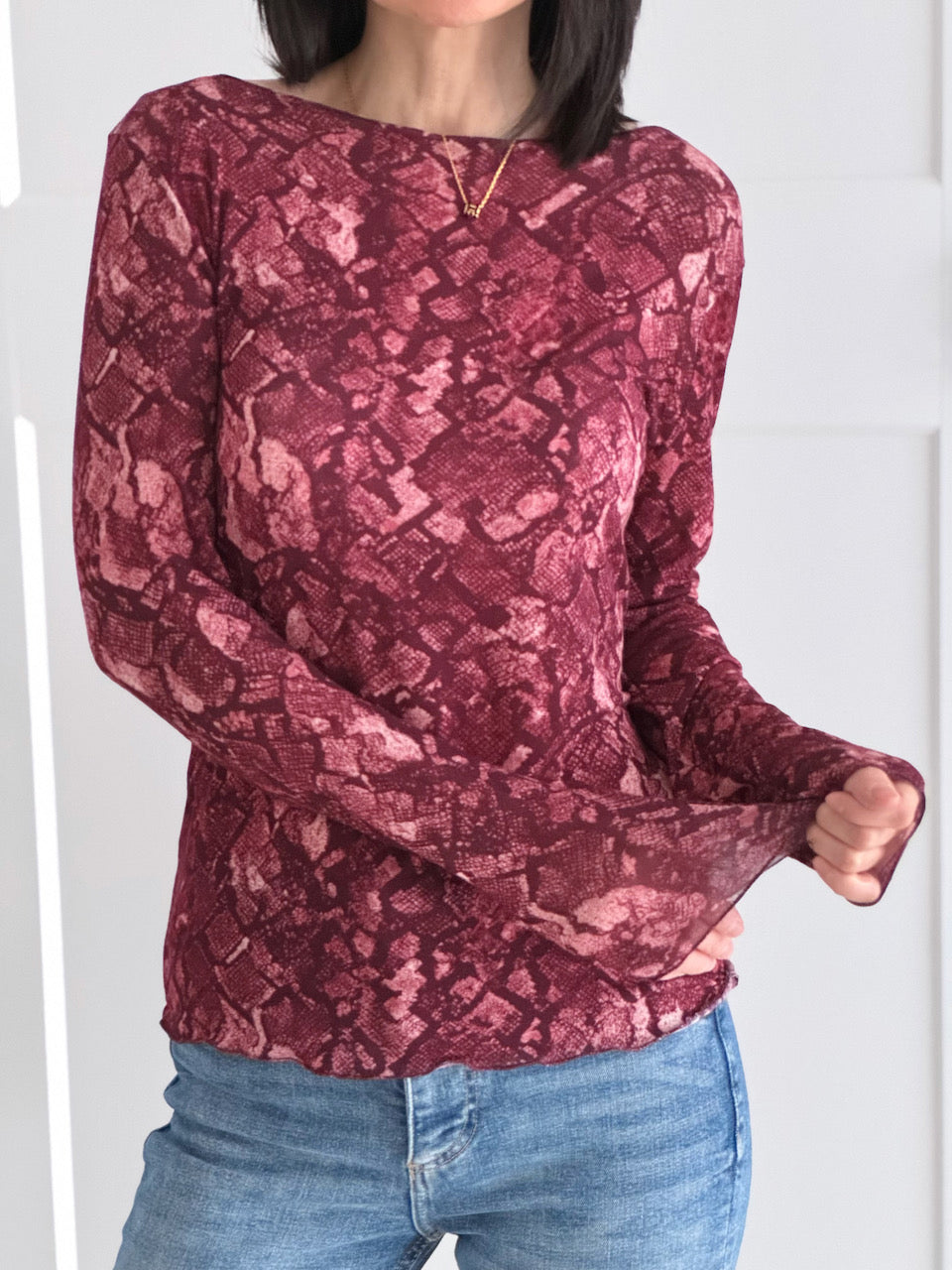 Cashmere Longsleeves, Schlangenprint, Fuchsie