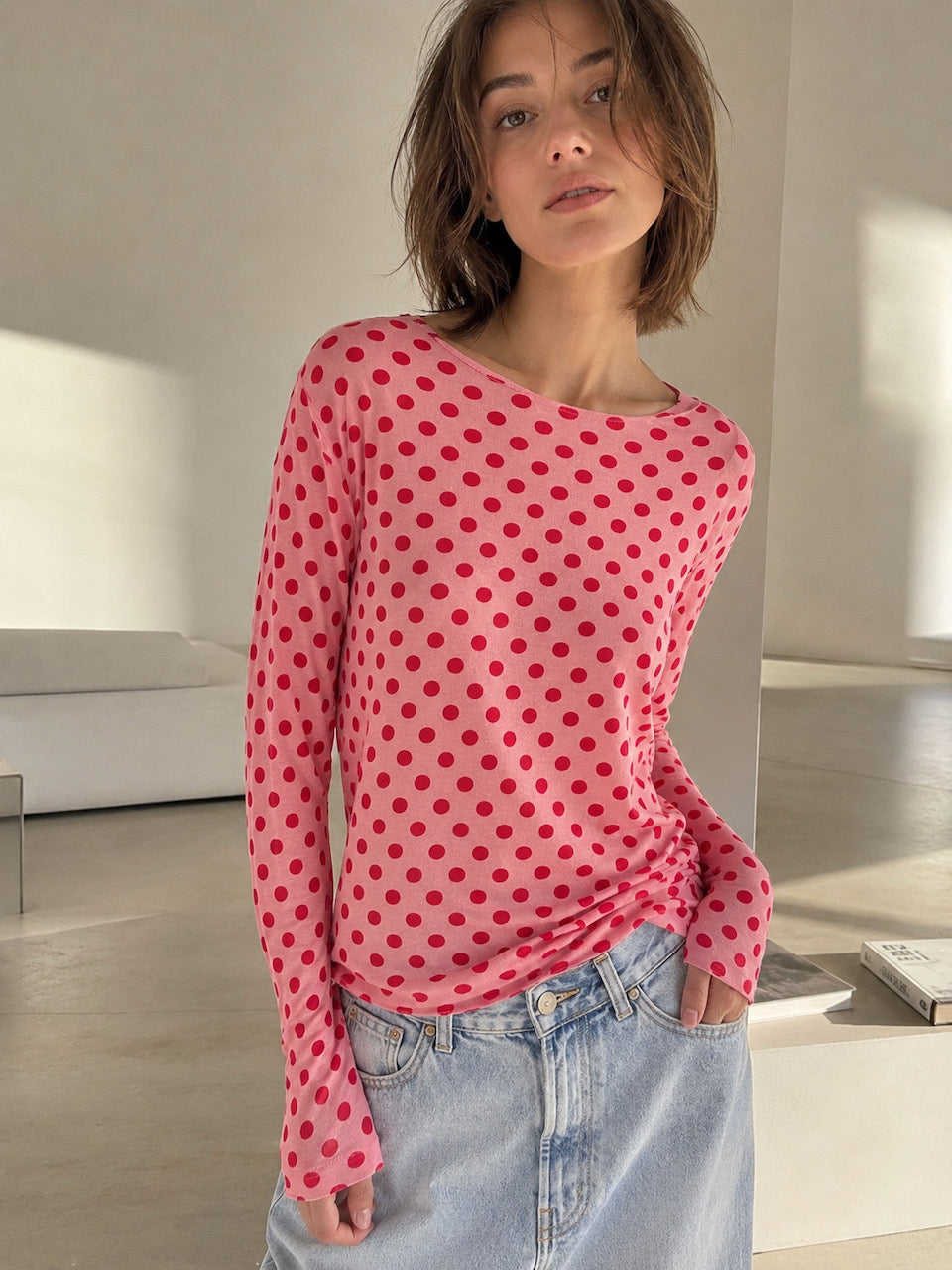 Cashmere Longsleeves, Polka Dots, Rot-Rosa