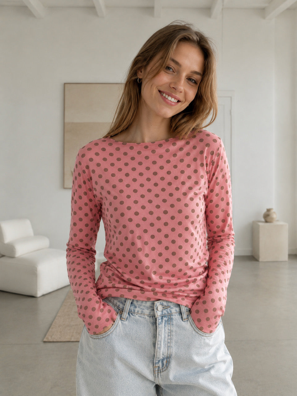 Cashmere Longsleeves, Polka Dots, Schoko-Rosa