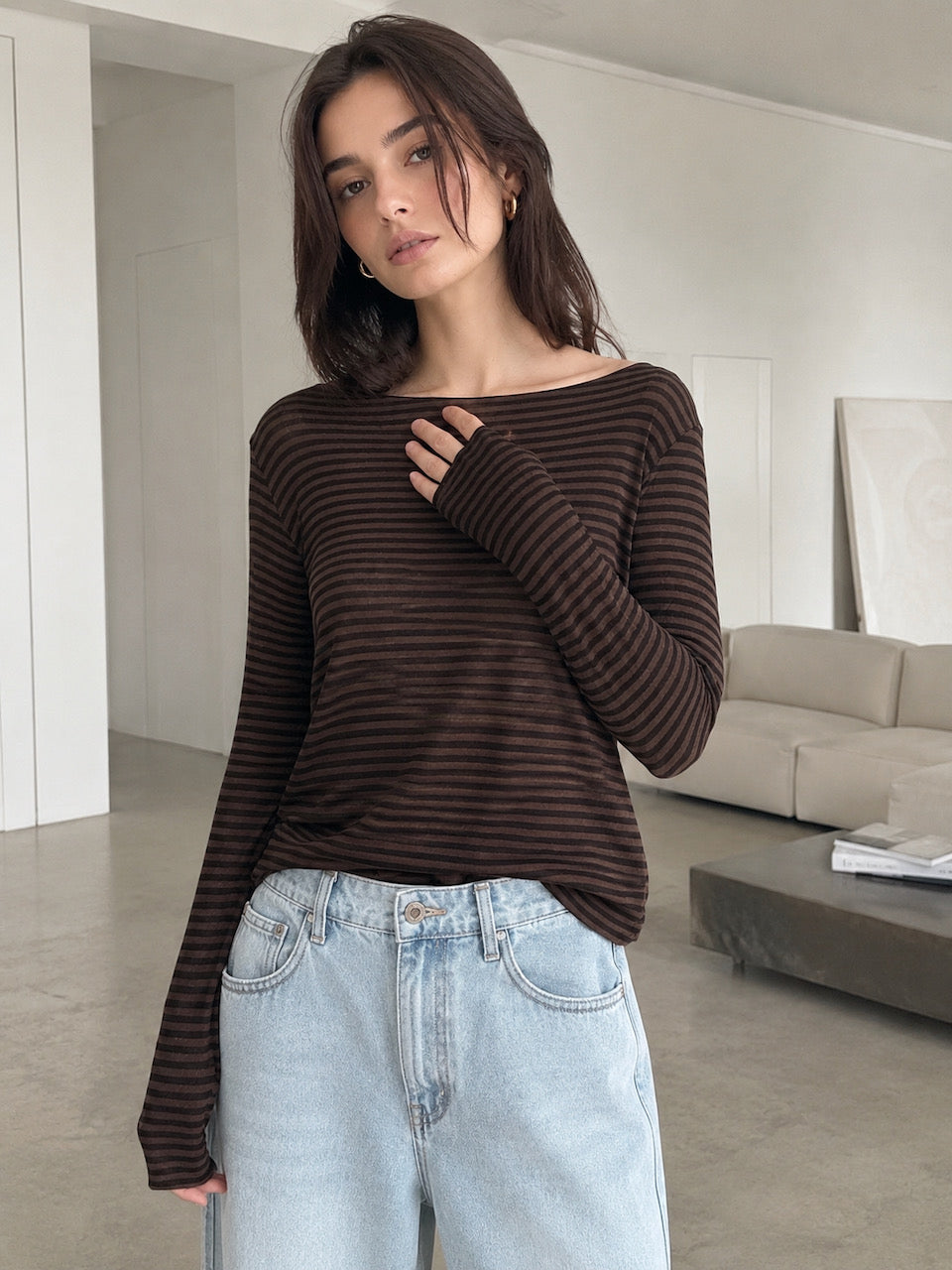 Cashmere Longsleeves, Streifen, Schoko