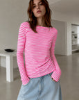 Cashmere Longsleeves, Streifen, Neon-Pink