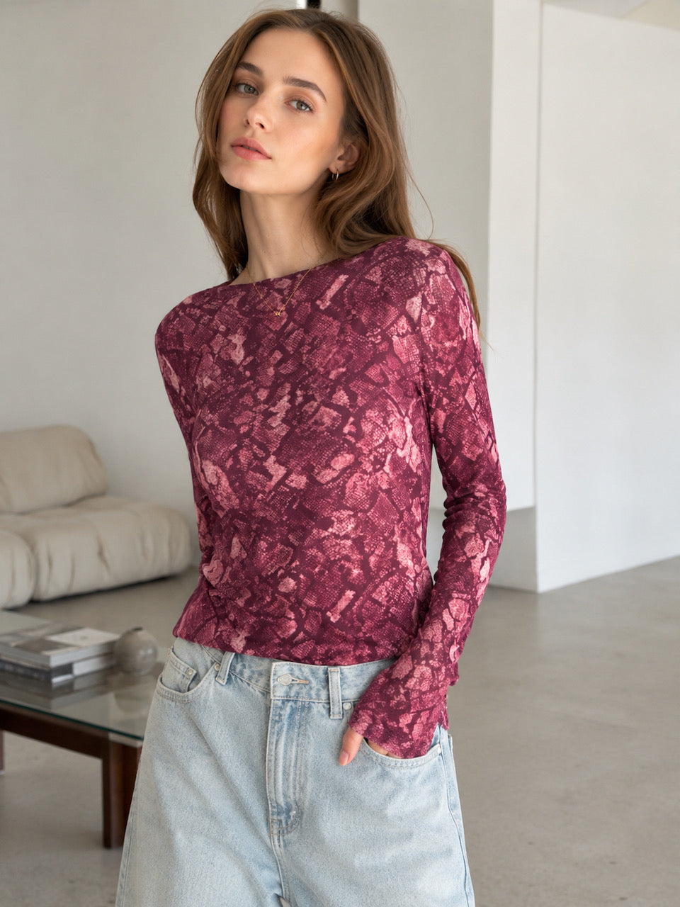 Cashmere Longsleeves, Schlangenprint, Fuchsie