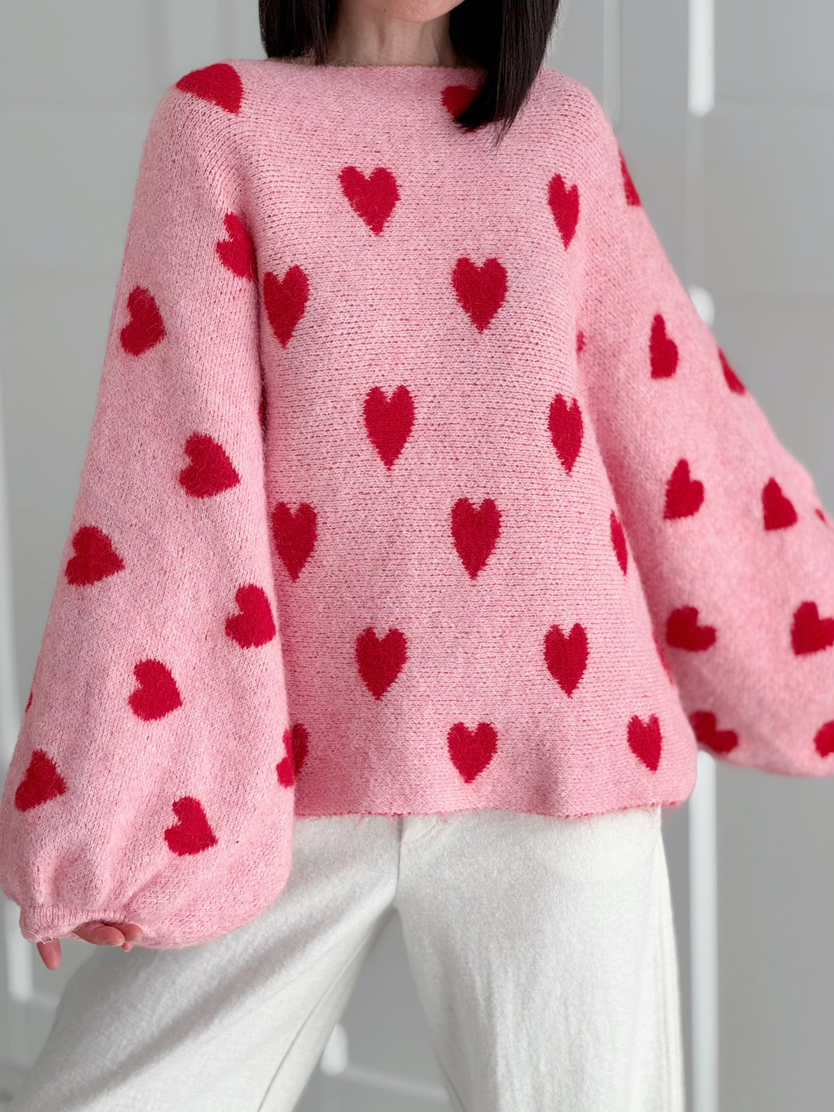 Pullover, Herzen, Ballonärmel, Rosa