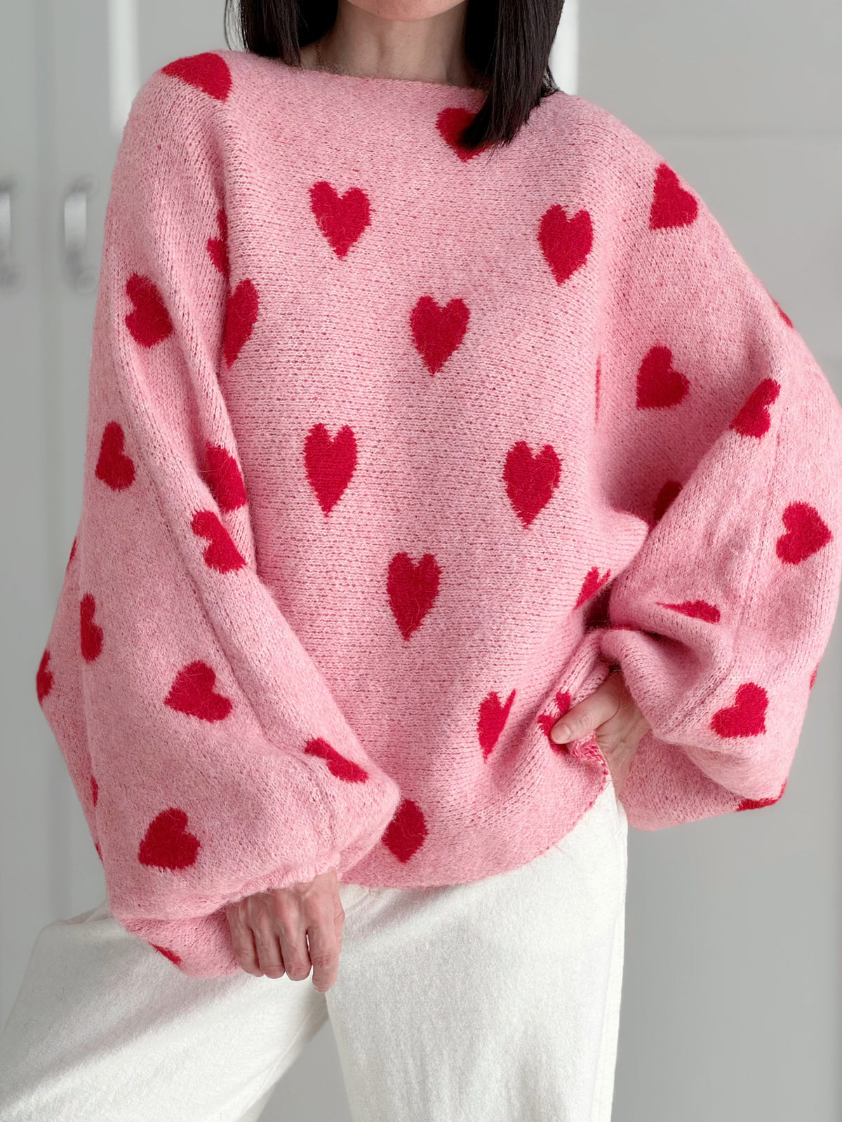Pullover, Herzen, Ballonärmel, Rosa