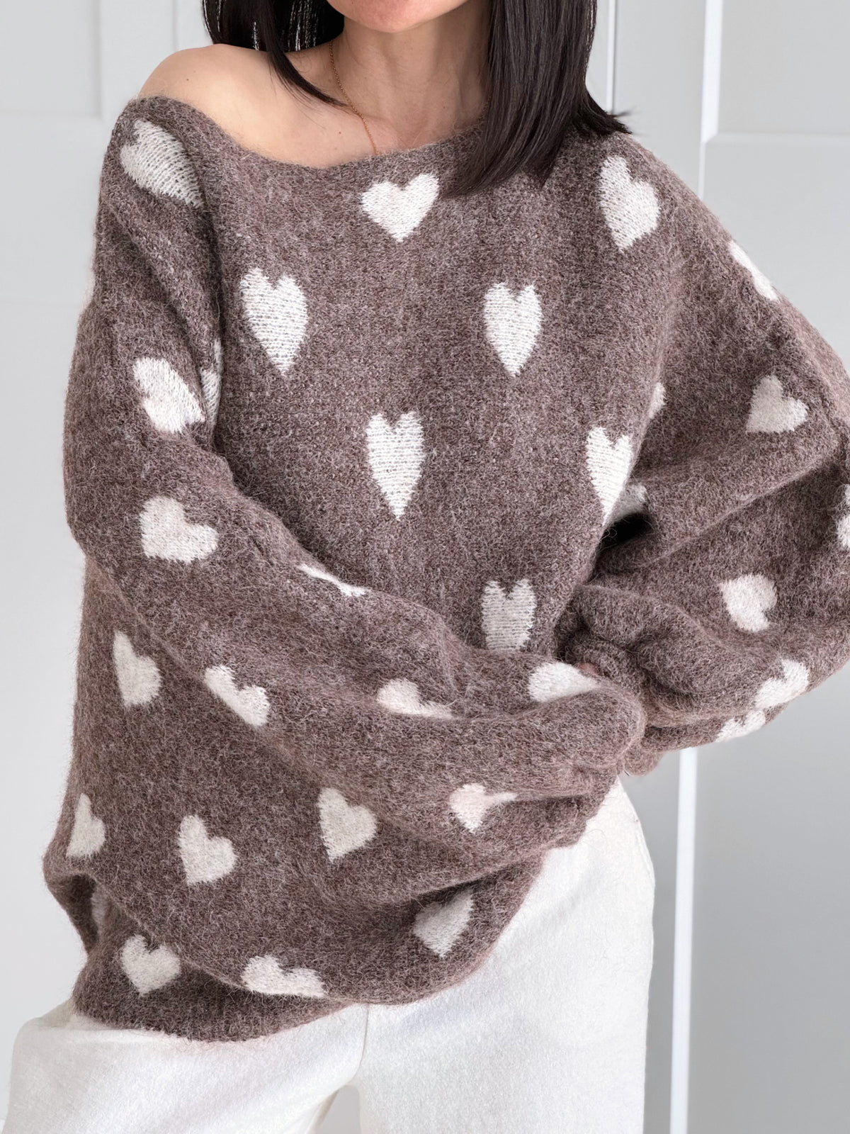 Pullover, Herzen, Ballonärmel, Taupe