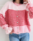 Strickjacke, Streifen, Volantbündchen, Rosa