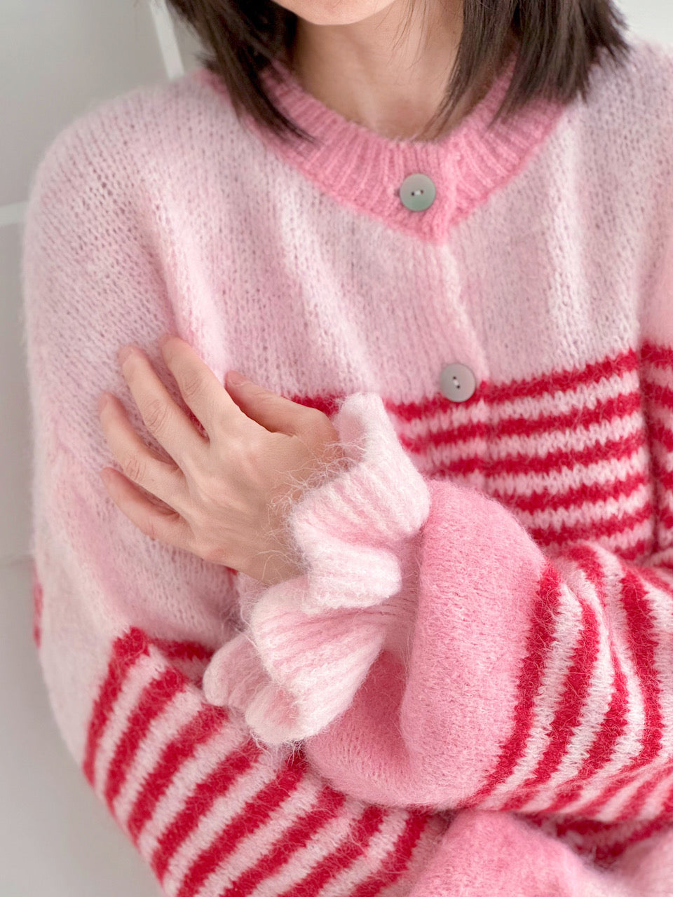 Strickjacke, Streifen, Volantbündchen, Rosa