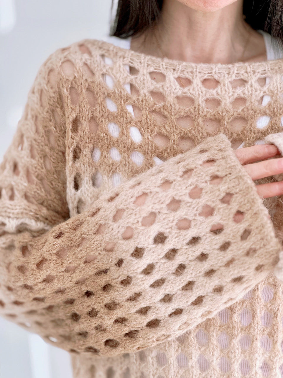 Pullover, Lochstrick, Pastell, Camel