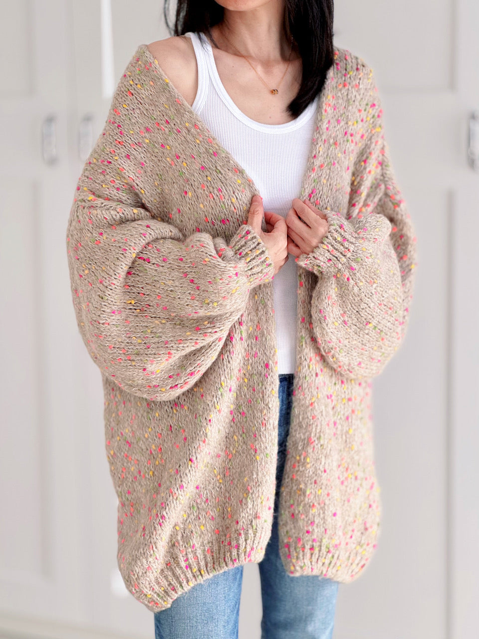 Strickjacke, flauschi, Konfetti, Beige