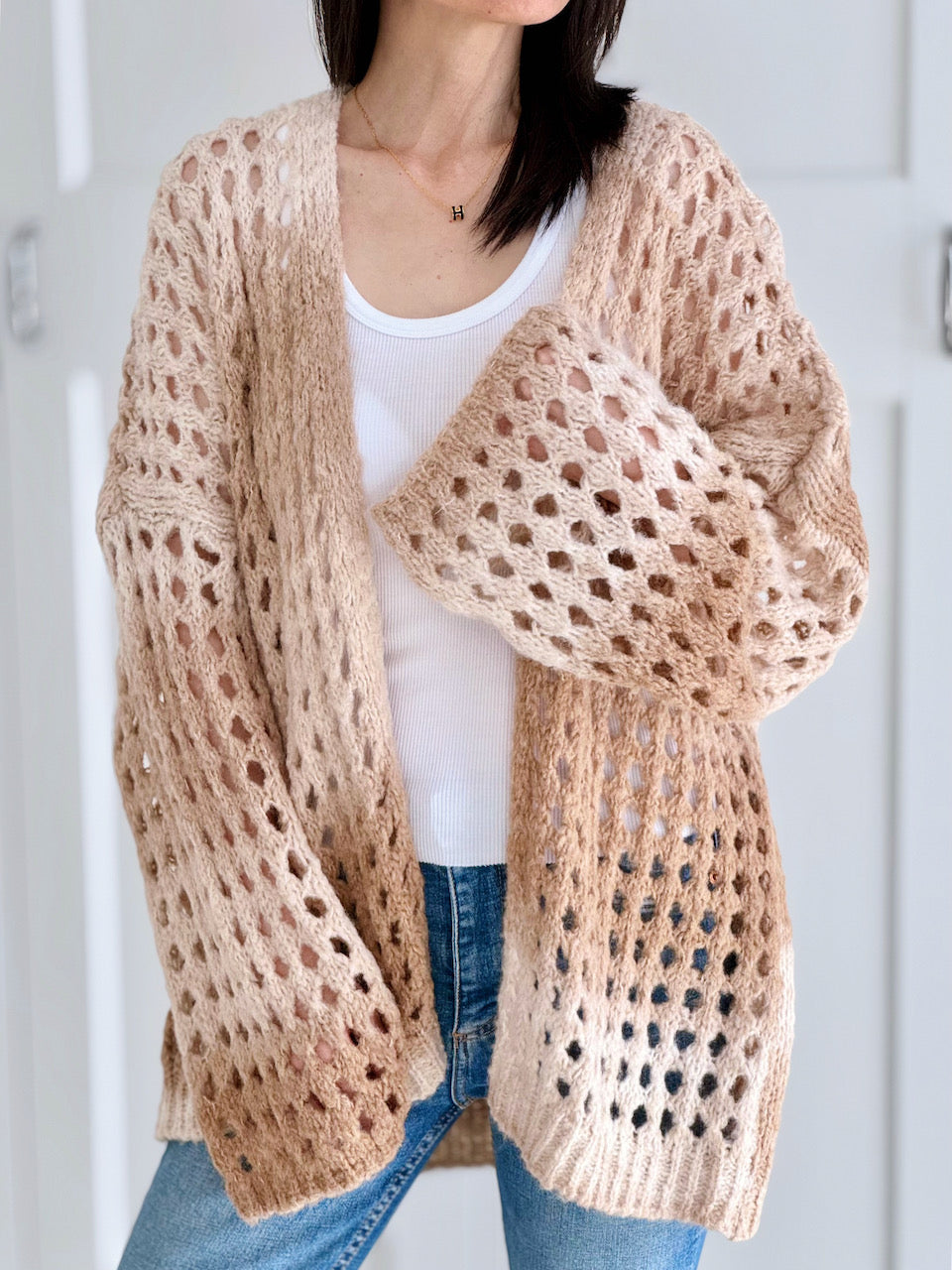 Strickjacke, Lochstrick, Pastell, Camel