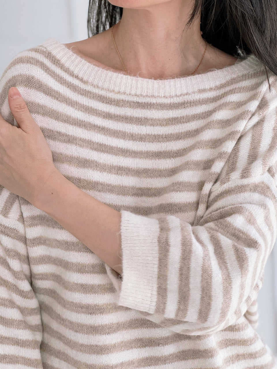 Pullover, flauschi, Streifen, Beige