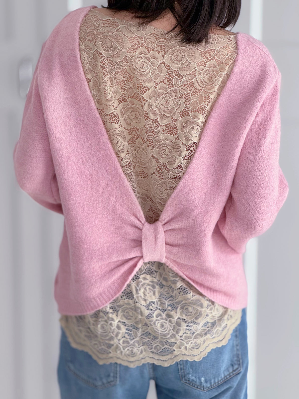 Pullover mit Spitzenrücken, Rosa